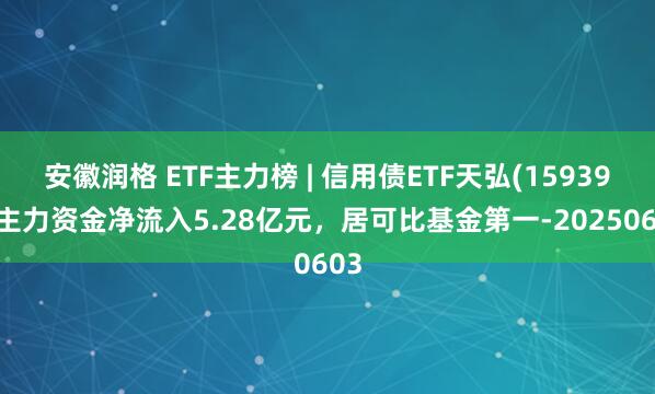 安徽润格 ETF主力榜 | 信用债ETF天弘(159398)主力资金净流入5.28亿元，居可比基金第一-20250603